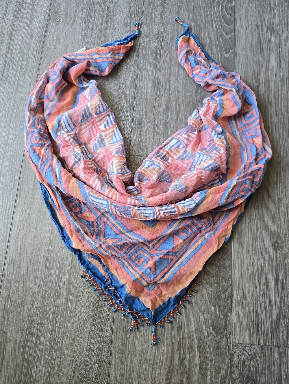 Anokhi for Taraliya Beaded Cotton Scarf Wrap Blue Coral Block Print Boho India